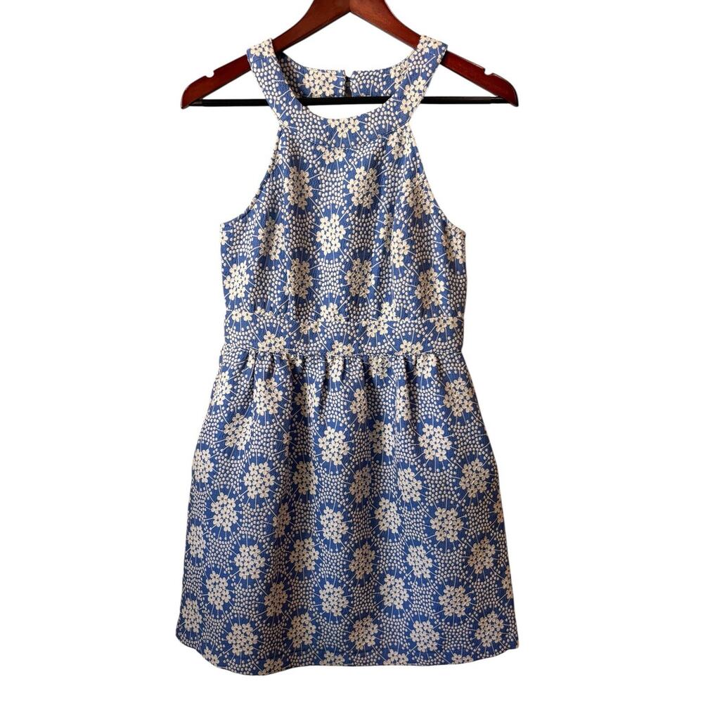 Tori Richard Sheath Dress Women Blue White Floral Halter Neck Sleeveless Size 2